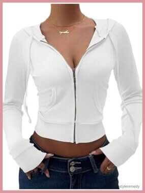 Y2k Cropped Zip Up Hoodie Slim Fit Long Sleeve Sweatshirt with Pockets